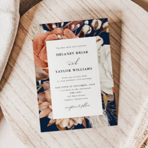 Autumn Rustic Floral, Navy Blue Wedding Invitation