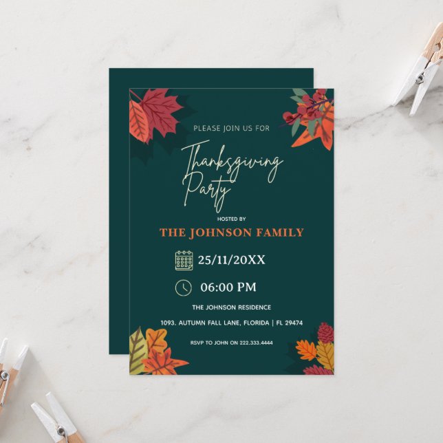 Autumn Rustic Floral Thanksgiving Dinner Party Invitation (Front/Back In Situ)