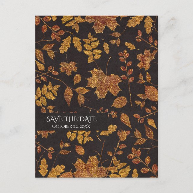 Autumn Rustic Golden Leaves Elegant Save the Date Announcement Postcard (Front)