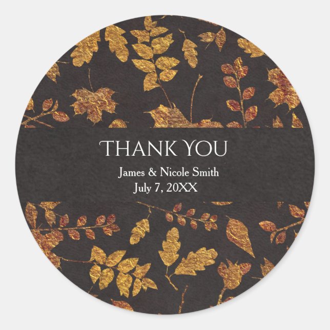 Autumn Rustic Golden Leaves Elegant Wedding Favour Classic Round Sticker (Front)