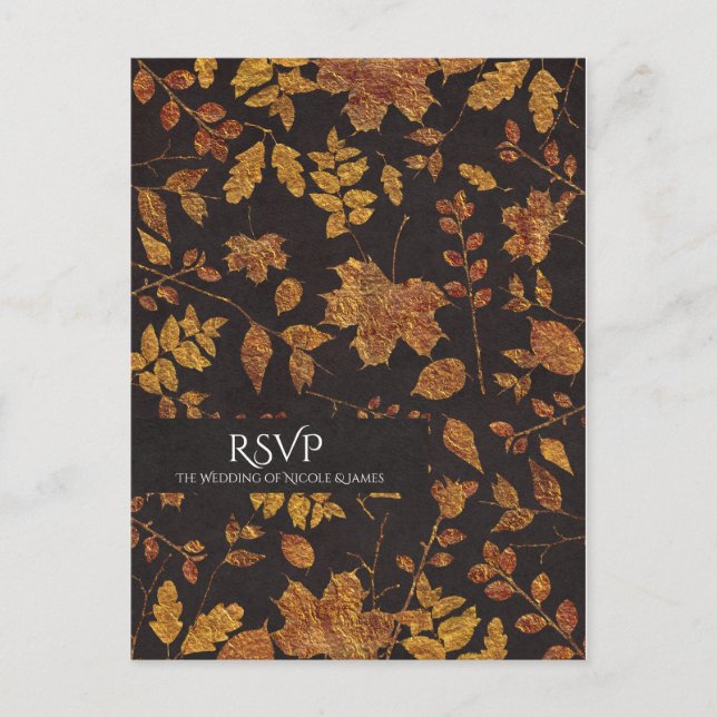 Autumn Rustic Golden Leaves Elegant Wedding RSVP Invitation Postcard (Front)