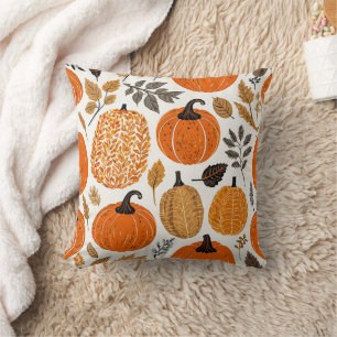 Autumn Rustic Orange Pumpkins Foliage Pattern Cushion
