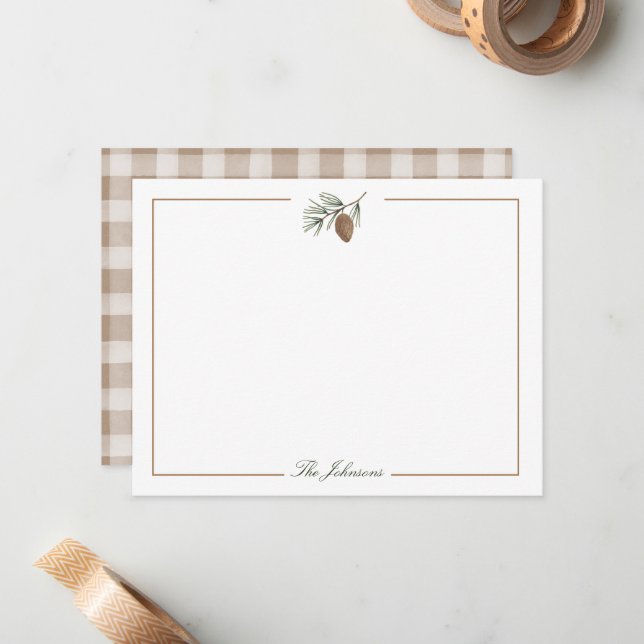 Autumn Rustic Pinecone Personalised Stationery Card (Front/Back In Situ)