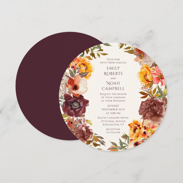 Autumn Rustic Plum Orange Floral Wedding Invitation (Front/Back)