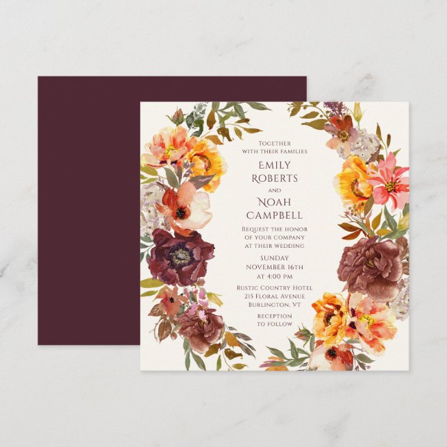 Autumn Rustic Plum Orange Floral Wedding Invitation (Front/Back)