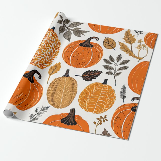 Autumn Rustic Pumpkins, Gourds and Foliage Pattern Wrapping Paper (Unrolled)