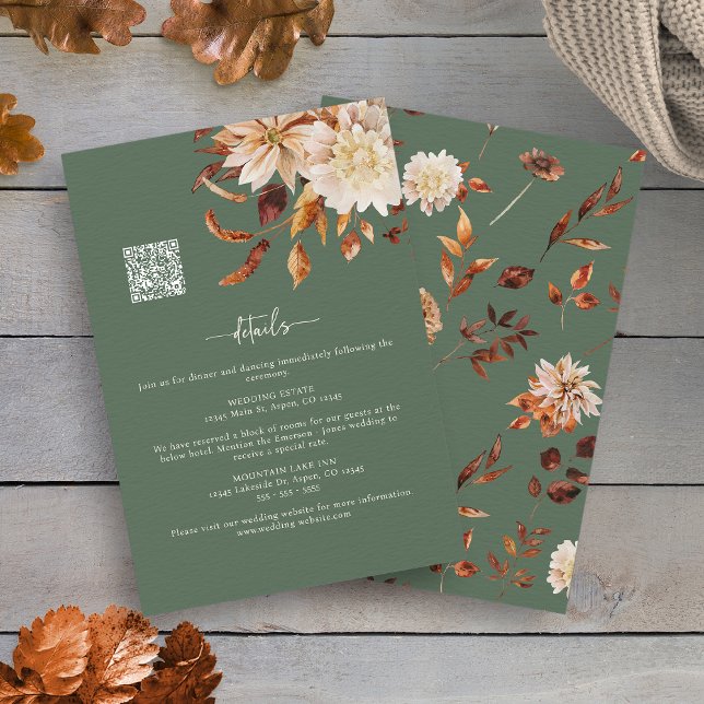 Autumn Sage Green Fall Details Enclosure Card (Autumn Sage Green Fall Floral QR Code Details Enclosure Card by Painted Paperie
)