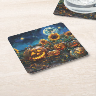 Autumn Scene with Jack-o'-lanterns and Sunflowers Square Paper Coaster