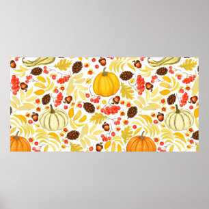 Autumn seamless background with pumpkins, acorns,  poster