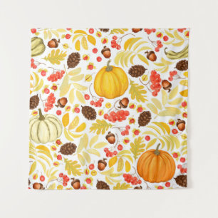 Autumn seamless background with pumpkins, acorns, tapestry