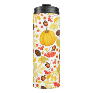 Autumn seamless background with pumpkins, acorns, thermal tumbler