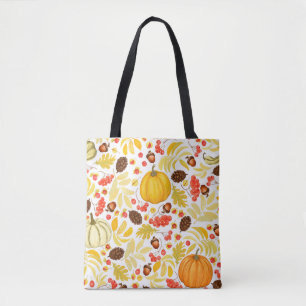 Autumn seamless background with pumpkins, acorns,  tote bag