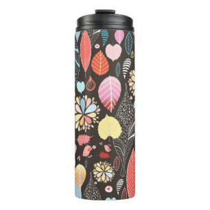 Autumn seamless pattern with colourful leaves and  thermal tumbler