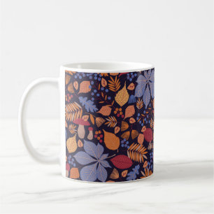 Autumn seamless pattern with leaves, branches and coffee mug