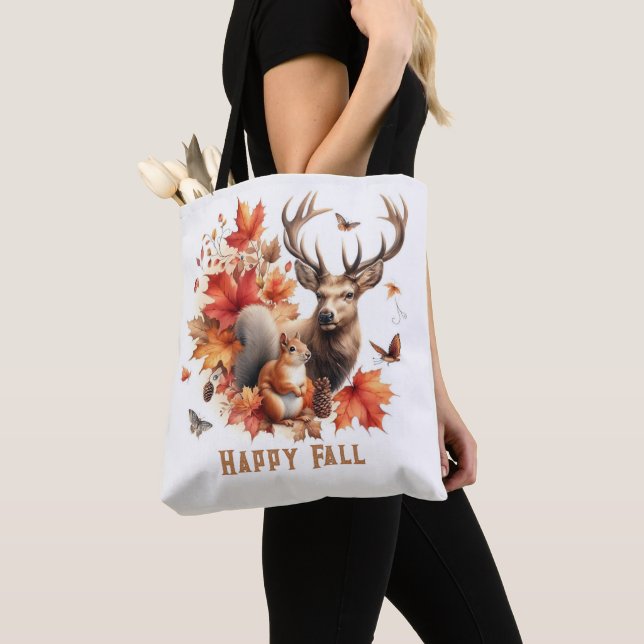 Autumn Season Deer Orange Leaves Tote Bag (Close Up)