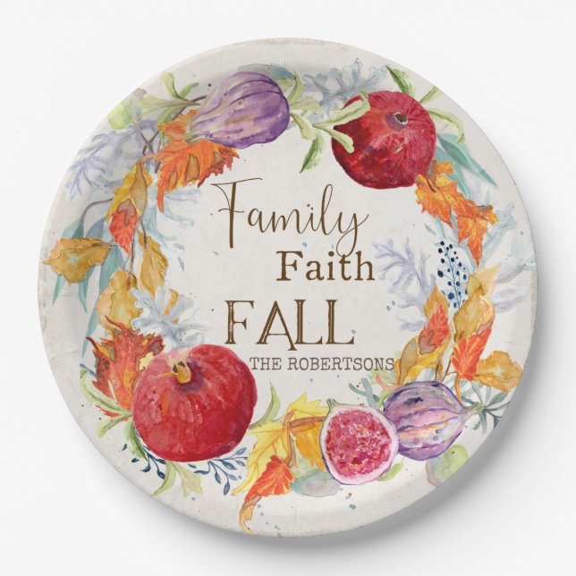 Autumn Season Family Faith Fall Harvest Leaves Art Paper Plate (Front)