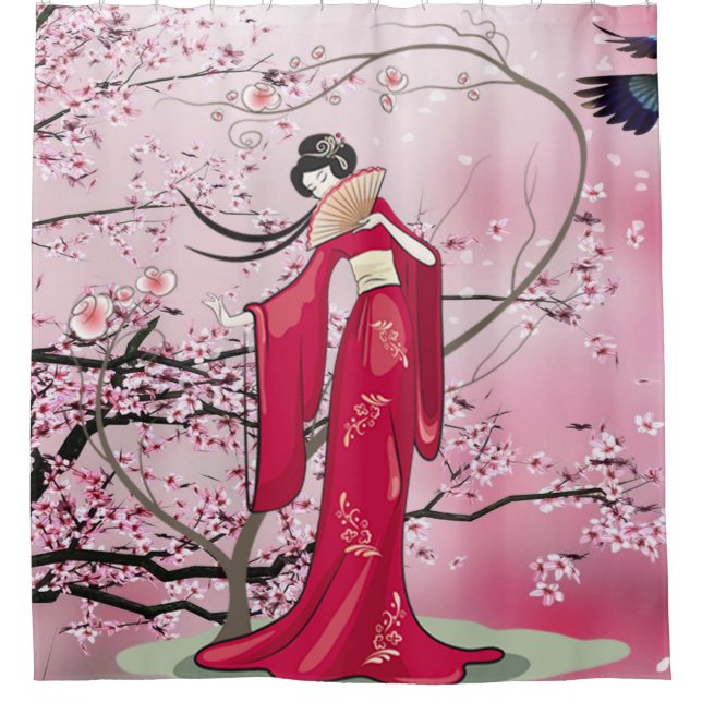 Autumn Season Japanese Lady In Kimono Shower Curtain (Front)