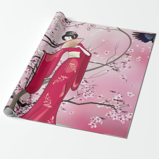Autumn Season Japanese Lady In Kimono  Wrapping Paper (Unrolled)