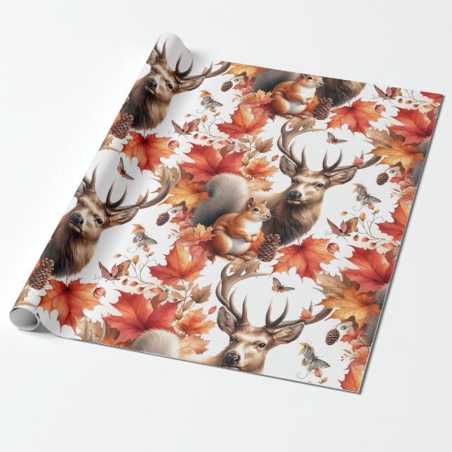 Autumn Season Orange Leaves and Deer  Wrapping Paper (Unrolled)