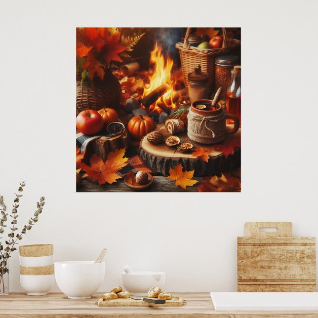 Autumn Season Pumpkins and Camp Fire AI Poster (Kitchen)