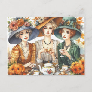 Autumn Season Retro Ladies Tea Postcard