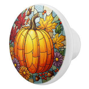 Autumn Seasonal Knob, Pumkin, coloured leafs Ceramic Knob