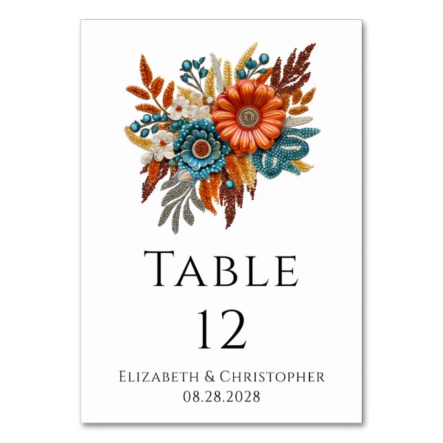 Autumn Sequined Blossoms Wedding Table Number (Front)