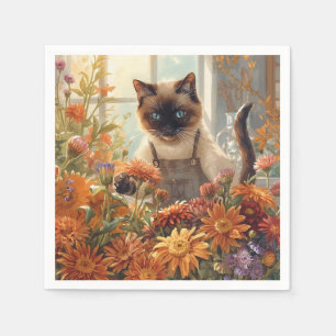 Autumn Siamese Cat Florist arranging flowers Napkin