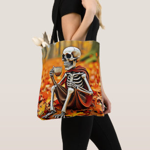 Autumn Skeleton Coffee Break Design Tote Bag