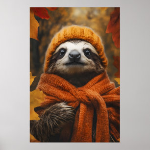 Autumn Sloth Art Print, Cozy Fall Animal Poster