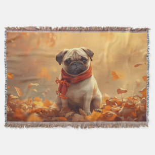 “Autumn Snuggles with Pugsy” Cute Autumn Pug Throw Blanket