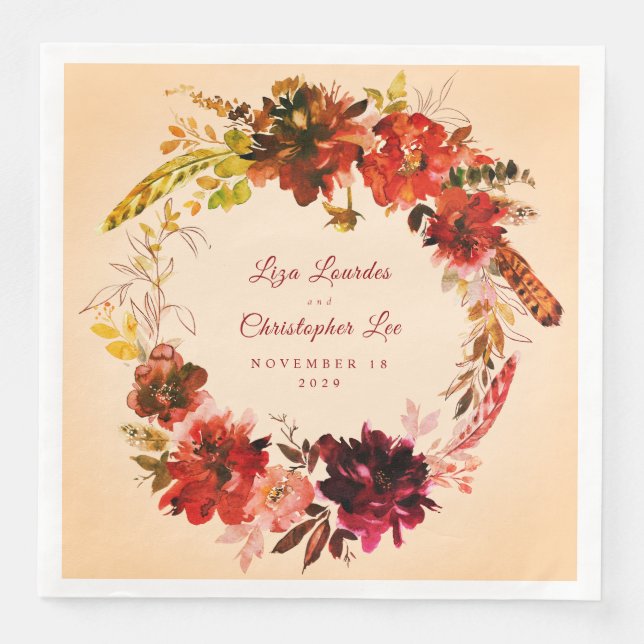 Autumn Splendour Fall Floral Wreath Wedding Napkin (Front)