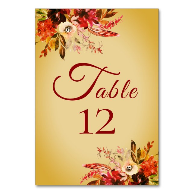 Autumn Splendour Floral Blushed Gold Wedding Table Number (Front)