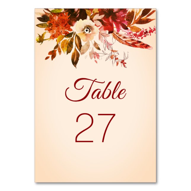 Autumn Splendour Floral Blushed Ivory Wedding Table Number (Front)