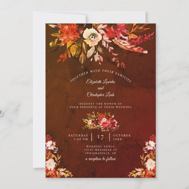Autumn Splendour Floral Marbled Brown Wedding Invitation (Front)