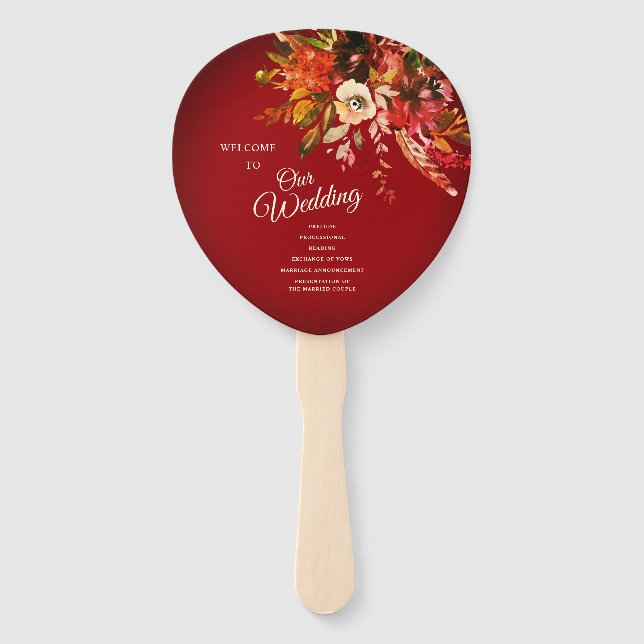 Autumn Splendour Floral Red Wedding Program Hand Fan (Front)