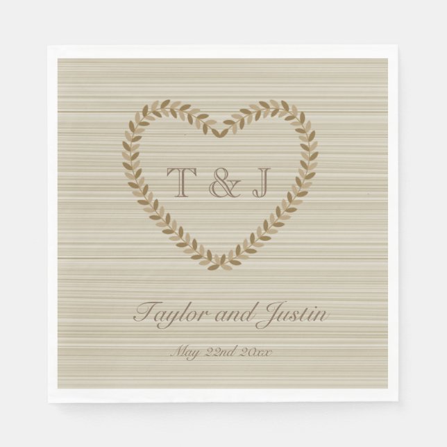 Autumn sprig leaves heart monogram wedding napkins (Front)
