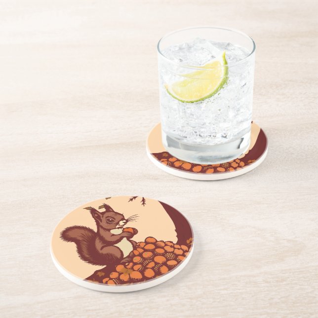 🐿️ Autumn Squirrel – Absorbent Ceramic Coaster (Side)