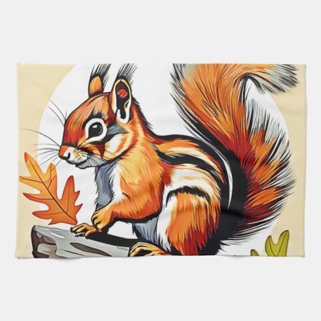 Autumn Squirrel Charm Design Tea Towel (Horizontal)
