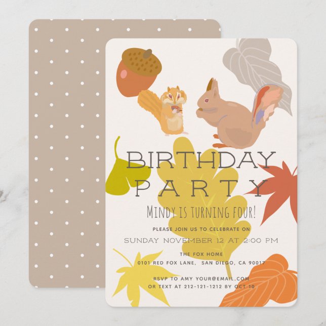 Autumn Squirrel & Chipmunk Birthday Invitation (Front/Back)
