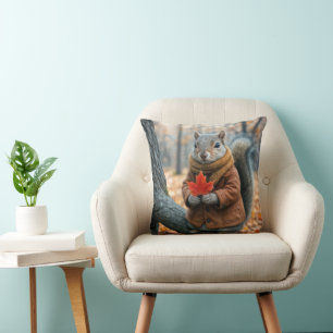 Autumn Squirrel Holding a Red Maple Leaf Cushion