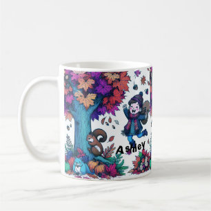 Autumn Squirrel Kid Leaf Watercolor Coffee Mug