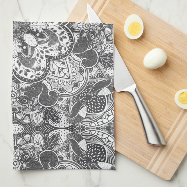 Autumn Squirrel Mandala Hand-Drawn Tea Towel (Quarter Fold)