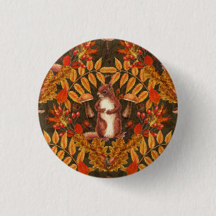 Autumn squirrel on dark brown 3 cm round badge
