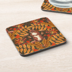 Autumn squirrel on dark brown coaster