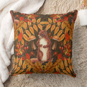 Autumn squirrel on dark brown cushion