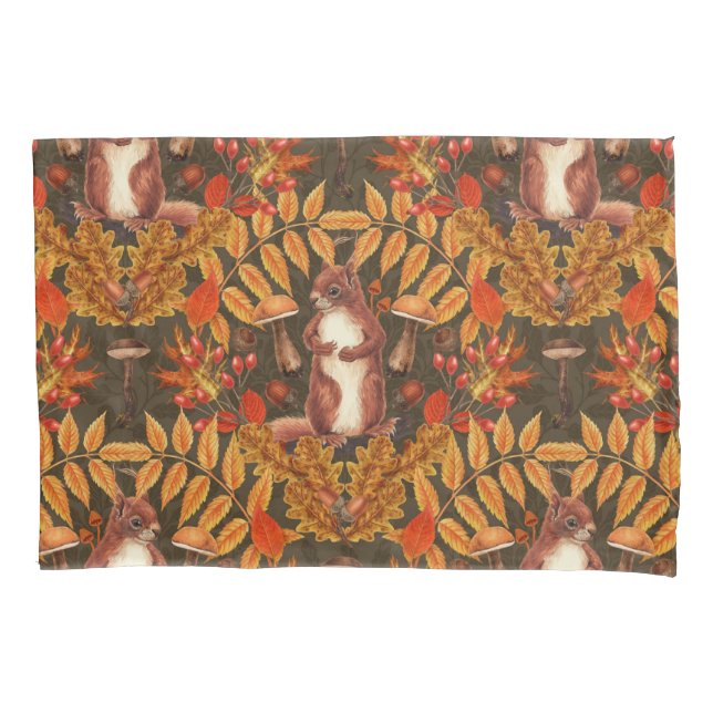 Autumn squirrel on dark brown pillowcase (Front-Left)