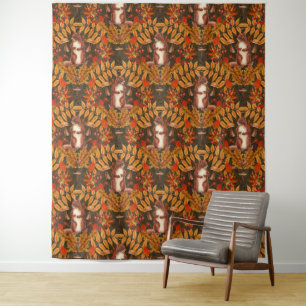 Autumn squirrel on dark brown tapestry
