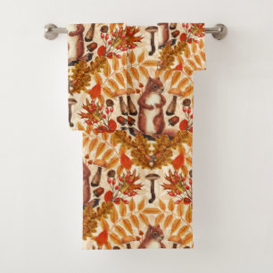 Autumn squirrel on off white bath towel set