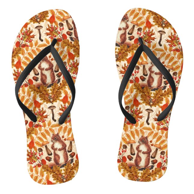 Autumn squirrel on off white flip flops (Footbed)